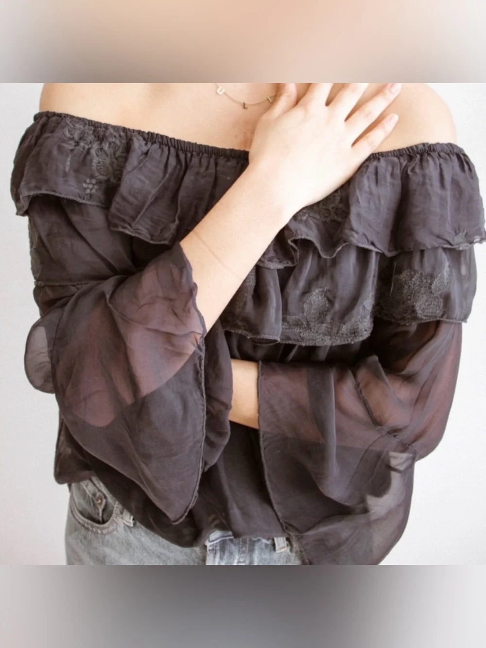 Le Marais Paris Silk Off Shoulder Ruffle Blouse Navy M
